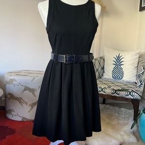 Black Theory Fit-and-Flare dress with navy patent leather belt